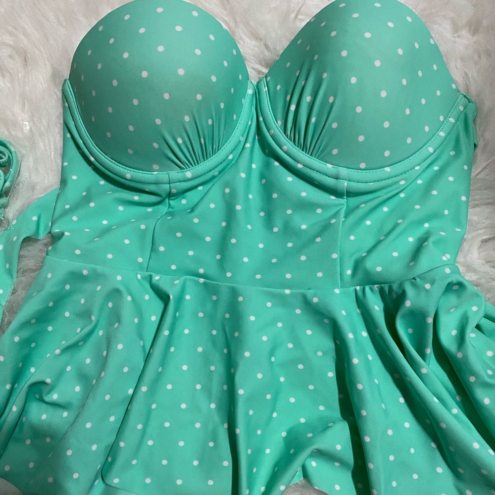 Mint Polka Dot Peplum Bathing Suit Top